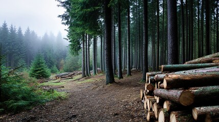 Fototapeta premium Stacked pine and spruce logs in a forest clearing, a serene woodland scene of natural harmony. 