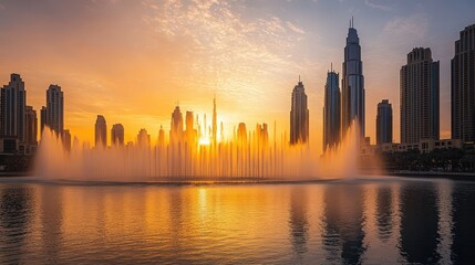 Fototapeta premium A scenic view of the Dubai Fountain during a golden sunset, with the skyline glowing in the background