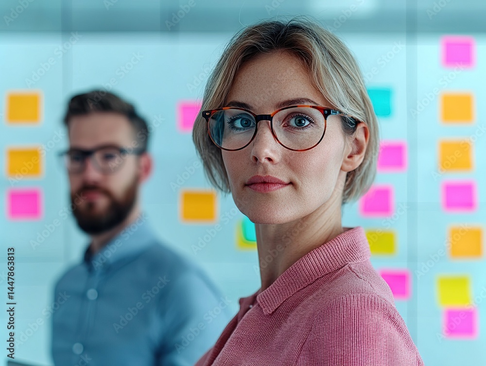 Poster collaboration discussion in office setting with colorful sticky notes business environment professio