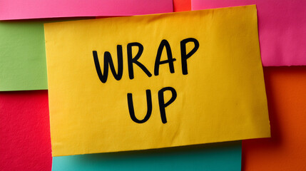 Let’s wrap up message written on sticky note symbolizing meeting summary task completion and end of discussion or activity