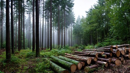 Fototapeta premium Stacked pine and spruce logs in a forest clearing, a serene woodland scene of natural harmony. 