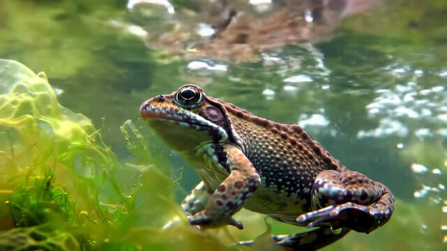 Underwater view of a rio grande leopard frog swimming amidst green aquatic plants, with bubbles rising around