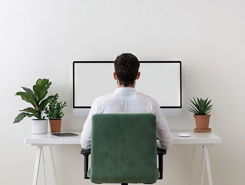 Home office setup man at desk with computer indoor space minimalist style focus on productivity
