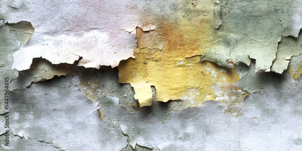 Poster close-up of peeling paint with multiple layers of color