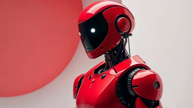 A sleek red humanoid robot with black visor and exposed mechanical parts, styled in a futuristic design, on a white and red abstract background
