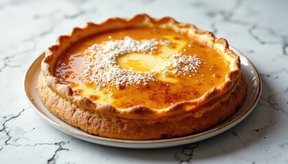 Baking a delicious creamy flan home kitchen food photography bright lighting close-up dessert recipe