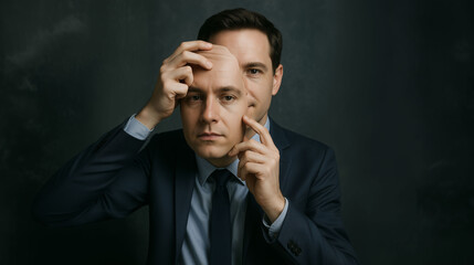 Businessman placing artificial face over real face symbolizing deepfake identity manipulation multiple personality and digital deception concept
