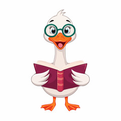 Funny cartoon goose holding a book and wearing round glasses