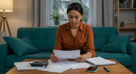 Worried Woman Reviewing Financial Documents on a Table with Calculator and Smartphone Under Warm Indoor Lighting