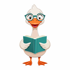 Funny cartoon goose holding a book and wearing round glasses
