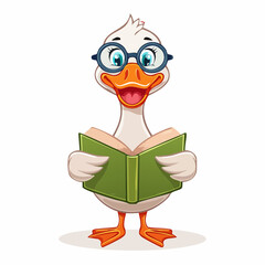 Funny cartoon goose holding a book and wearing round glasses
