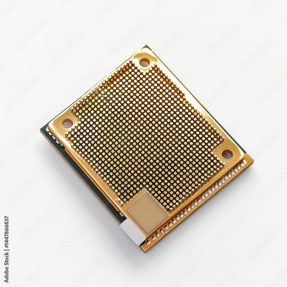 Poster a close-up of a microprocessor showcasing its intricate design and connection points. on white backg