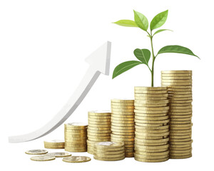 Stack of golden coins with a plant growing out of the top and an arrow pointing upwards to the right