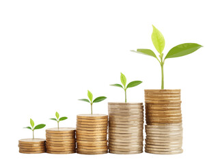 Stacks of coins with small plants growing on each stack showing growth and investment concept idea