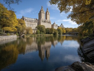 Obraz premium Serene Central Park scene, vibrant trees framing a stunning Manhattan skyline - daytime Manhattan towers