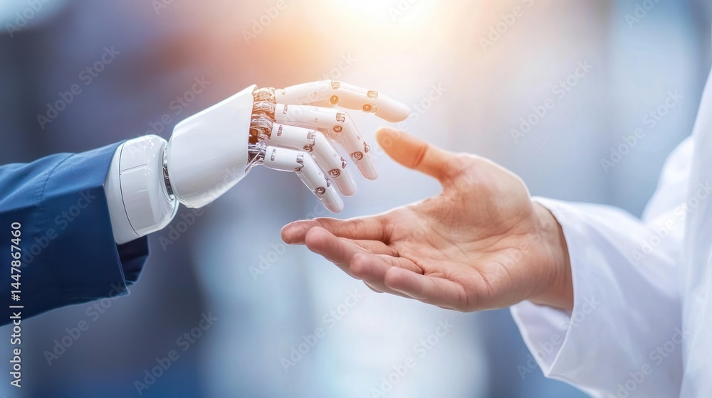 Poster handshake between future: a symbolic handshake between a human and a robot, set against a backdrop o