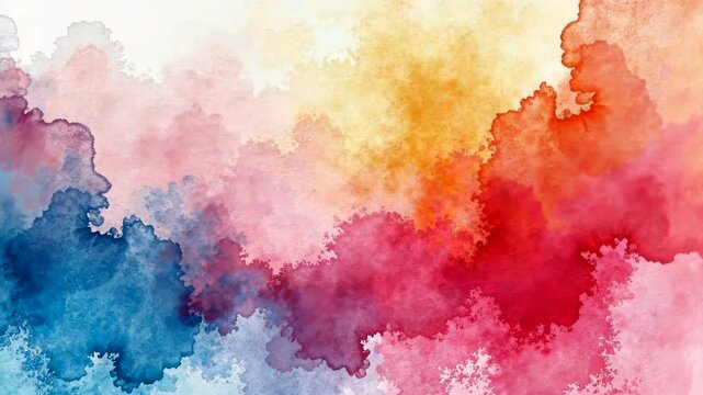 Abstract watercolor cloud texture blending vibrant red, pink, blue, and yellow tones with soft brush strokes on a light background