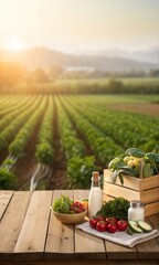 Wooden Tabletop with Blurred Organic Farm Background. Space for food and wellness-related concepts.