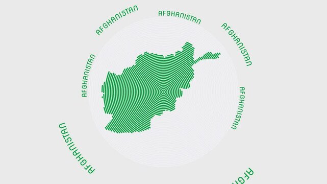 Afghanistan shape with dynamic circles visual effect. Animation of Afghanistan logo appearing from rotating rings and Country name around the shape. Intro, opening, closing, logo video.