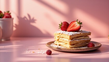 Delicious layered pastry with berries bright kitchen counter food photography warm ambiance close-up view culinary delight