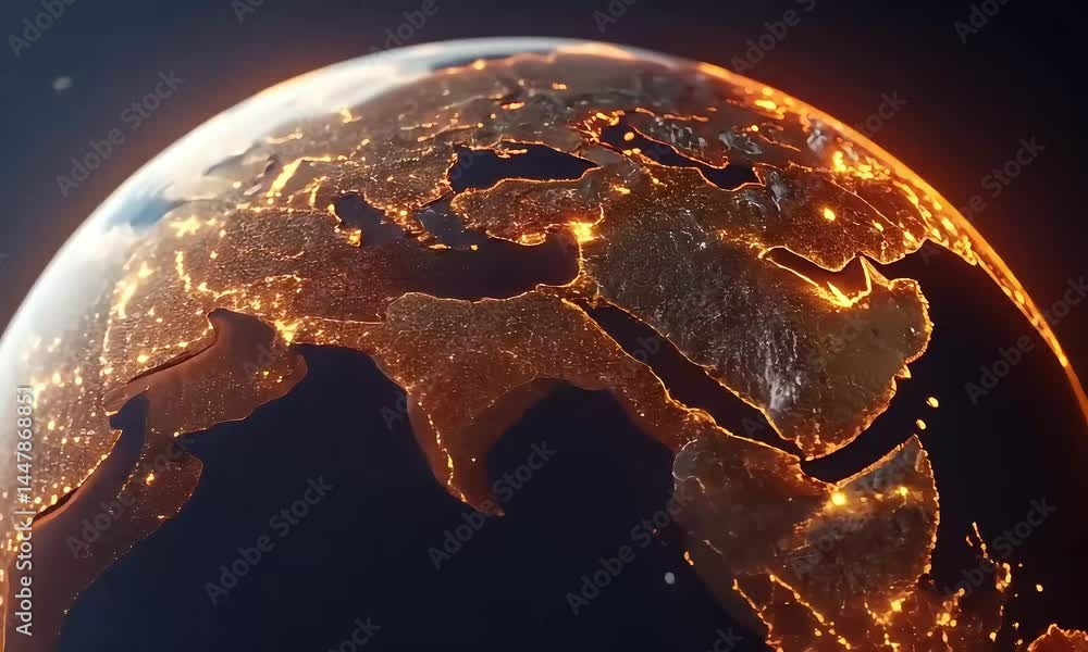 Poster digital representation of a planet with glowing lights against a dark background representing techno