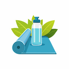  Yoga mat with plant and water bottle 
