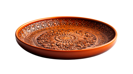 Clay pot with floral pattern. Detailed terracotta bowl, empty, cut out transparent