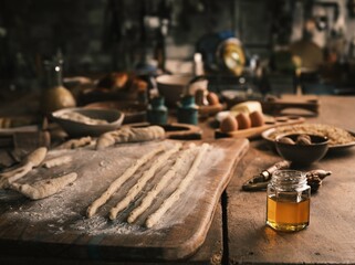 Golden honey drips from a dipper onto freshly baked bread as a baker savors the sweet moment in a cozy, sunlit kitchen adorned with artisanal ingredients