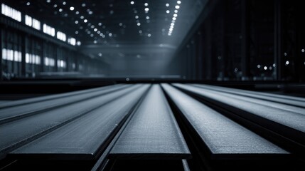minimalistic photo of industrial steel beams in spacious foundry with clean lines and ample copy space
