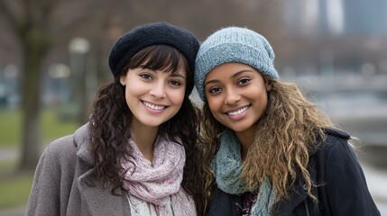 Obraz premium Two young women sharing a warm smile, genuine connection across cultures 