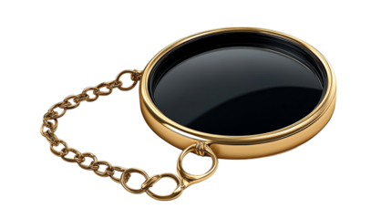 Elegant golden monocle with chain luxury accessory. cut out transparent