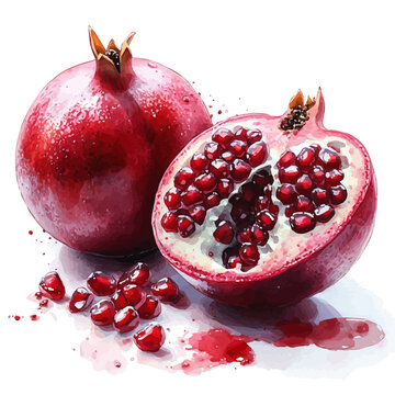 recommend clip art: Halved Pomegranate With Scattered Seeds, watercolor vector, isolated on a white background.