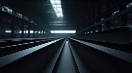 minimalistic photo of industrial steel beams in spacious foundry with clean lines and ample copy space