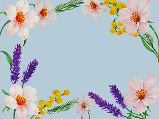 Watercolor floral frame with lavender, mimosa and pink flowers on blue background, perfect for cards, invitations and design.