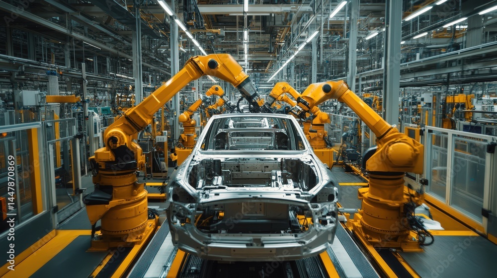 Poster a semi-automated car factory, where human workers and robots collaborate on assembling vehicles.