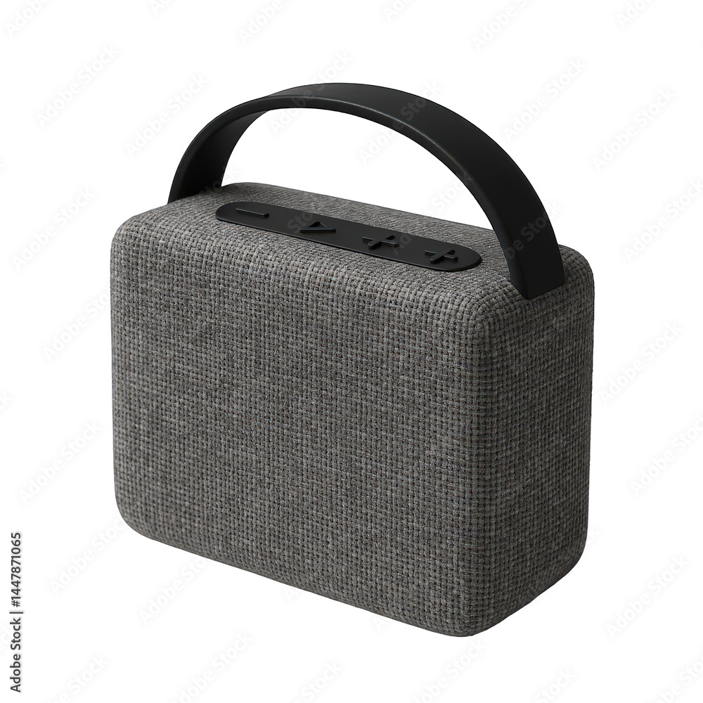 Poster modern portable speaker wrapped in grey textile, featuring a comfortable black handle and simple con