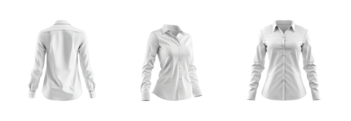 Collection of 3d white long sleeve collar woman shirt back view full length isolate on transparent background