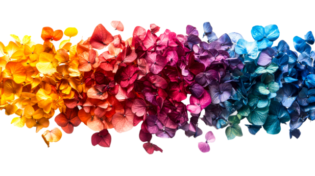 Hydrangea blossoms arrangement in gradient color, detailed bloom. cut out transparent
