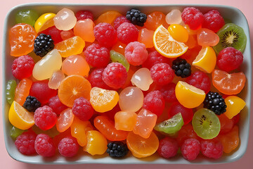 A colorful fruit salad with a variety of fruits including oranges, kiwis