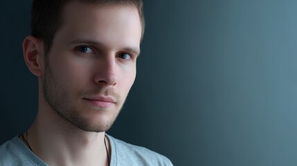 Obraz premium Young man in casual wear, natural side light, soft background - modern simplicity and relaxed confidence 