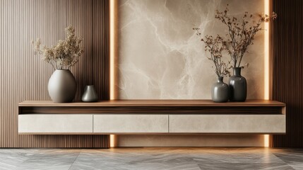 Vases with dry plants in a luxurious interior design with marble and wood walls