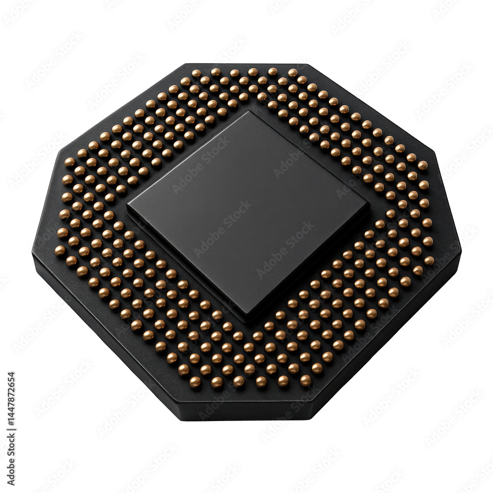 Aufkleber a powerful black computing chip with hundreds of reflective gold pins on an octagonal component base