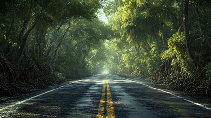 Obraz premium Lush Tropical Jungle Road Scenic Asphalt Highway Through Verdant Rainforest Canopy, Sunlight Dappled Path, Adventure Travel, Mysterious Escape, Nature's Beauty, Tranquil Scene, Exotic Destination,