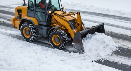 Yellow Loader Clearing Snow from a Winter Road, Heavy Machinery in Snow Removal Operation
