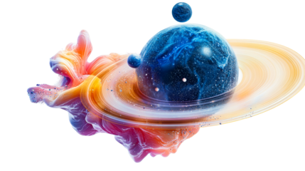 Planet with rings and colorful nebula formation, cosmos globe. cut out transparent