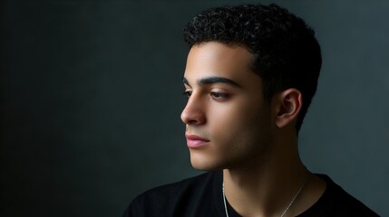 Obraz premium Young man in casual wear, natural side light, soft background - modern simplicity and relaxed confidence 