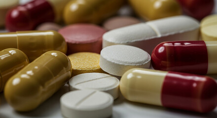 Various Pharmaceutical Pills and Capsules Illustrating Medication and Healthcare