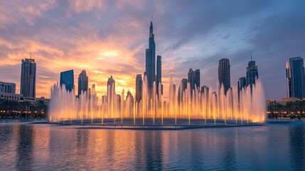 the Dubai Fountain, with water jets dancing harmoniously against a twilight sky.