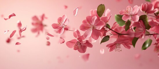 Fototapeta premium Pink blossom branch, petals falling, soft background, spring banner