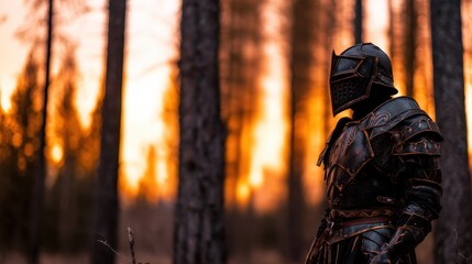 Obraz premium Knight in armor stands amidst tall trees at sunset, evoking a sense of adventure and valor